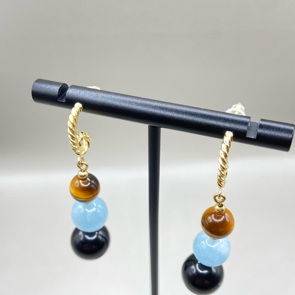 David Yurman 18K Yellow Gold Tiger Eye Black Onyx Bead Earrings - Picture 4 of 10